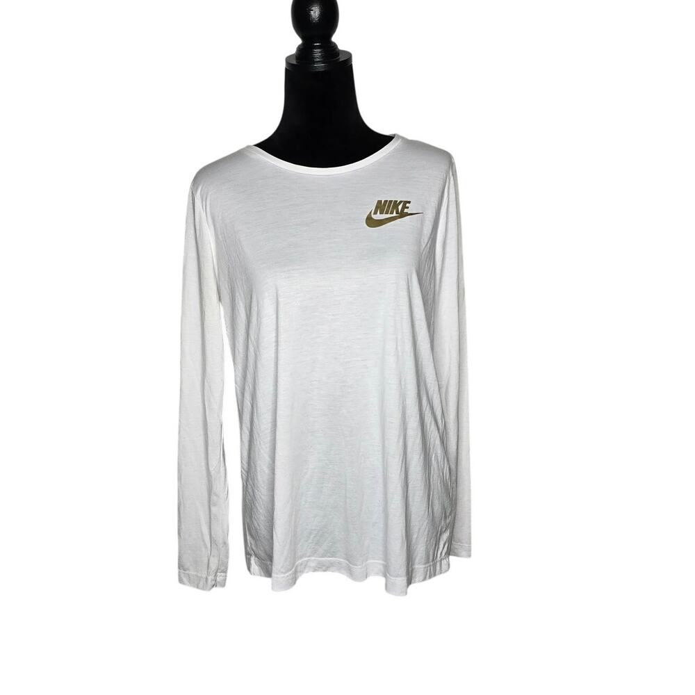 Nike Womens Large White Long Sleeve Shirt Metallic Gold Swoosh Logo Graphic Tee